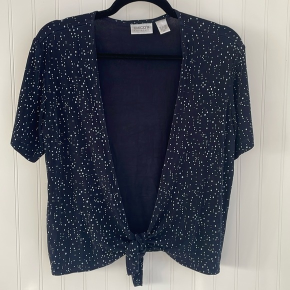 Chico's Travelers Stretchy Polka Dot Navy Cardigan Front Tie Vacation Size 1 (M) - Picture 1 of 11